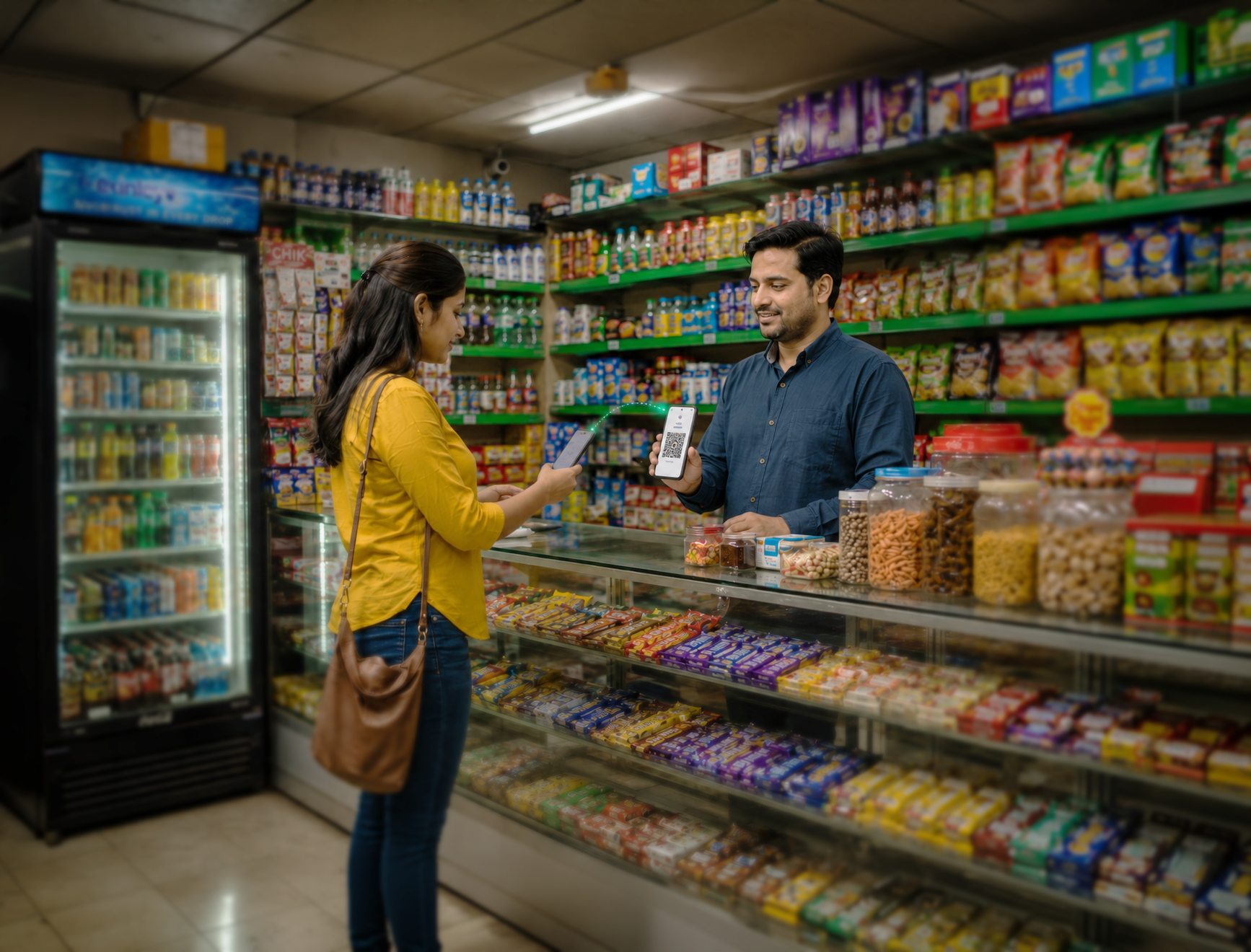 Persona realizando un pago con su celular escaneando un código QR en un comercio